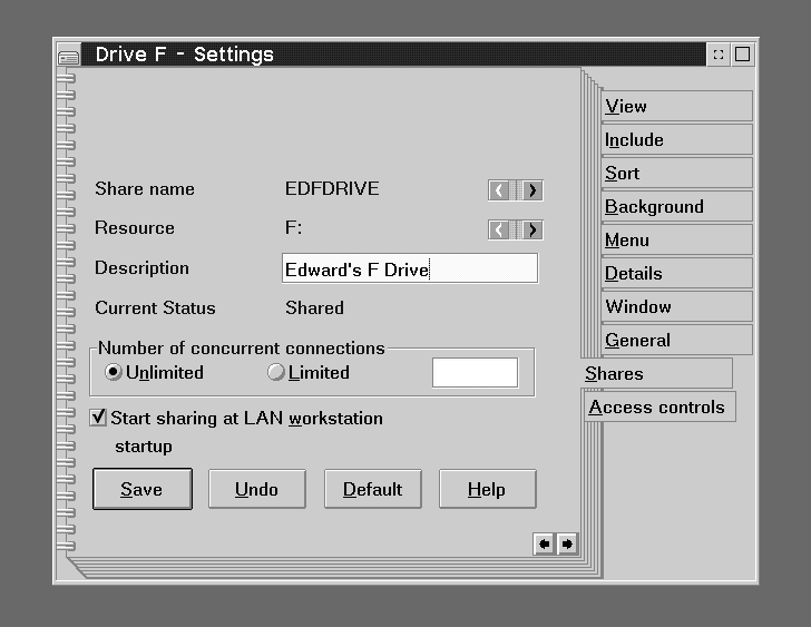 Figure 4. Example of a Settings Notebook for a Shareable Object